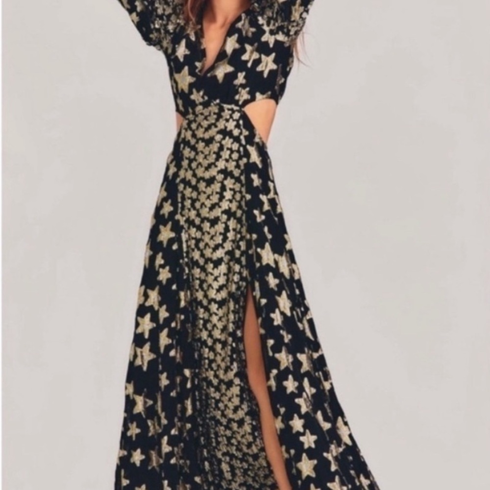 NWT LoveShackFancy Black Maxi Dress with Gold Star Pattern